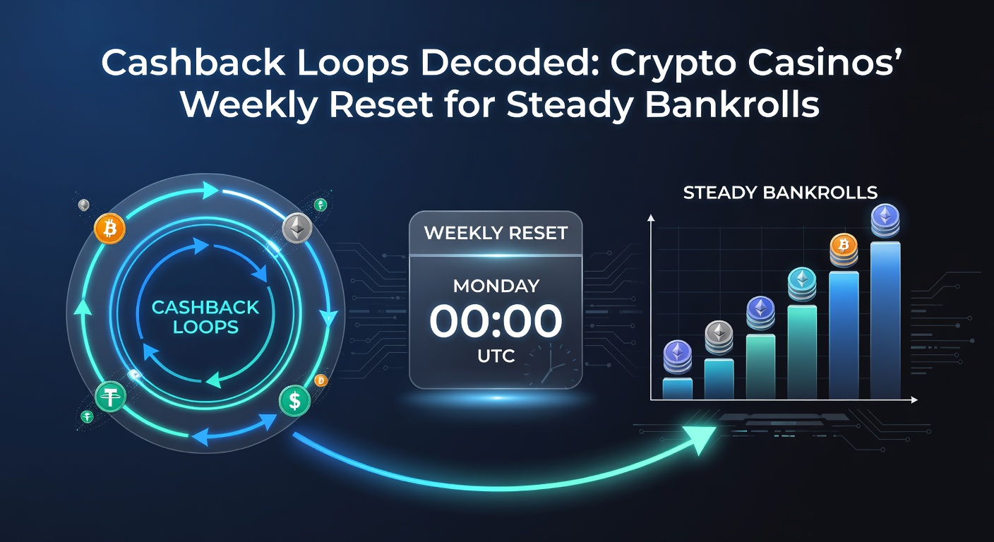 Grafik eines Cashback-Loops in einem Crypto-Casino, die den wöchentlichen Resetzyklus mit wachsenden Bankrolls visualisiert