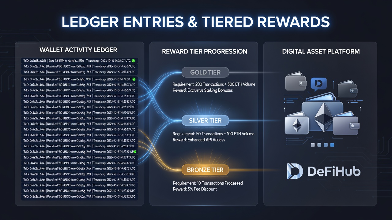 Darstellung von Blockchain-Ledger-Einträgen die Wallet-Transaktionen mit gestaffelten Belohnungen verknüpfen