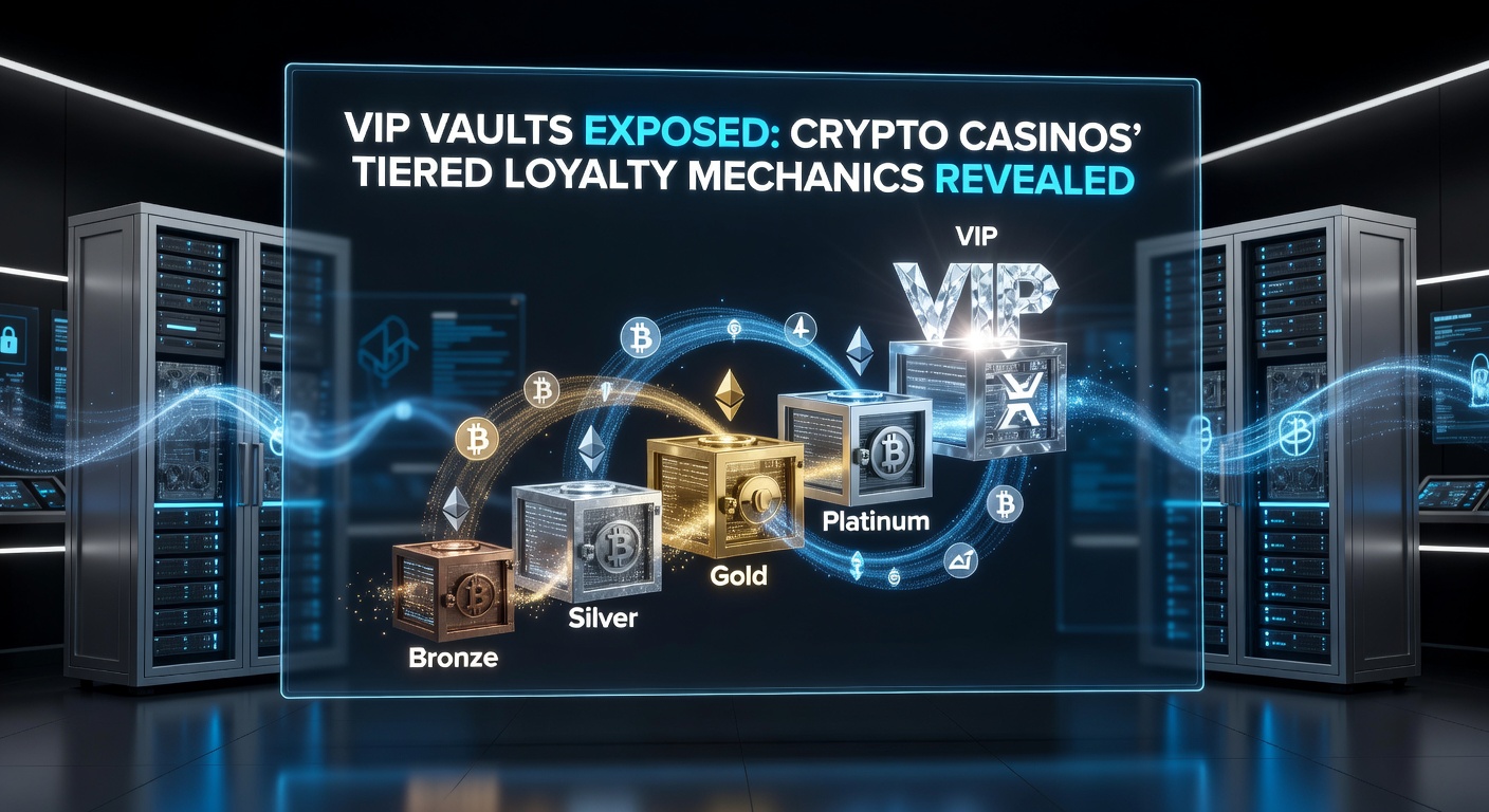 Grafische Darstellung eines VIP-Tresors mit gestaffelten Ebenen und Krypto-Symbolen, die Belohnungen symbolisieren