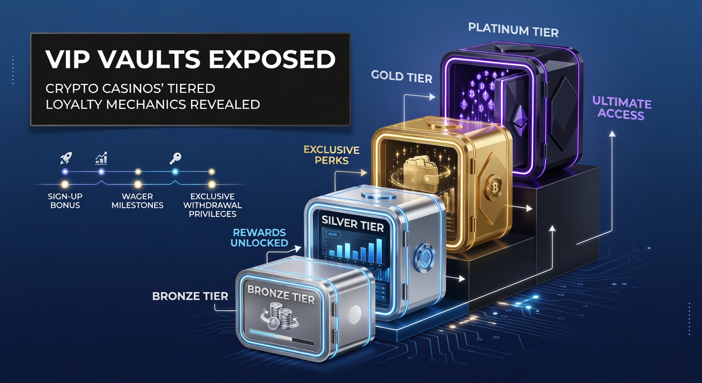 Detaillierte Infografik zu VIP-Tier-Stufen mit Belohnungsikonen, Cashback-Prozenten und Krypto-Elementen